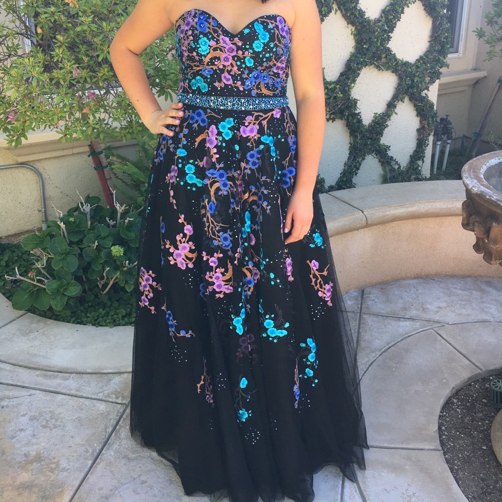 Jovani black/floral embroidered strapless dress!